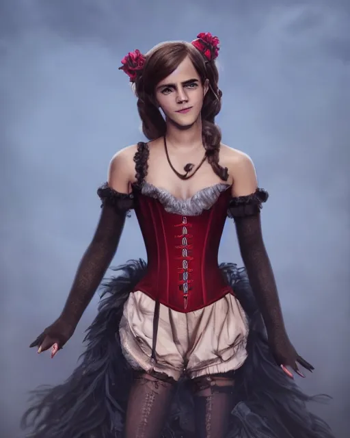 Prompt: full shot portrait painting of very beautiful emma watson standing as hot black maiden in stockings corset, character design by mark ryden and pixar and hayao miyazaki, unreal 5, daz, hyperrealistic, octane render, cosplay, rpg portrait, dynamic lighting, intricate detail, harvest fall vibrancy, cinematic