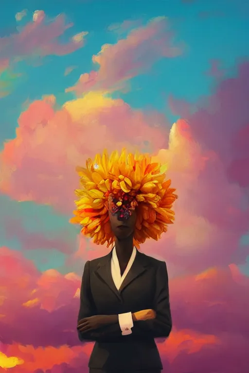 Prompt: closeup, giant flower under head, black woman in suit, surreal photography, golden hour, colorful clouds, impressionist painting, digital painting, artstation, simon stalenhag