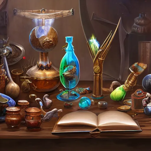 Prompt: hyper real, table, magic book, wizards laboratory, tony sart, mortar, pestle, scales, energy flowing, ancient brown map, beakers of colored liquid