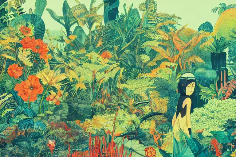 Prompt: 2 d gouache illustration, a lot of exotic vegetation, trees, ( rotterdam gabber from 9 0's ). extreme long shot, flowers, oldschool vintage sci - fi flat surreal design, super - detailed, painting by satoshi kon, hd, 4 k, high quality