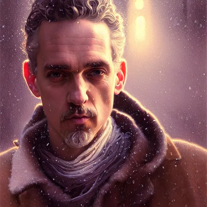 Image similar to psychedelic snowfall Jordan Peterson, diffuse lighting, fantasy, intricate, elegant, highly detailed, lifelike, photorealistic, digital painting, artstation, illustration, concept art, smooth, sharp focus, art by John Collier and Albert Aublet and Krenz Cushart and Artem Demura and Alphonse Mucha