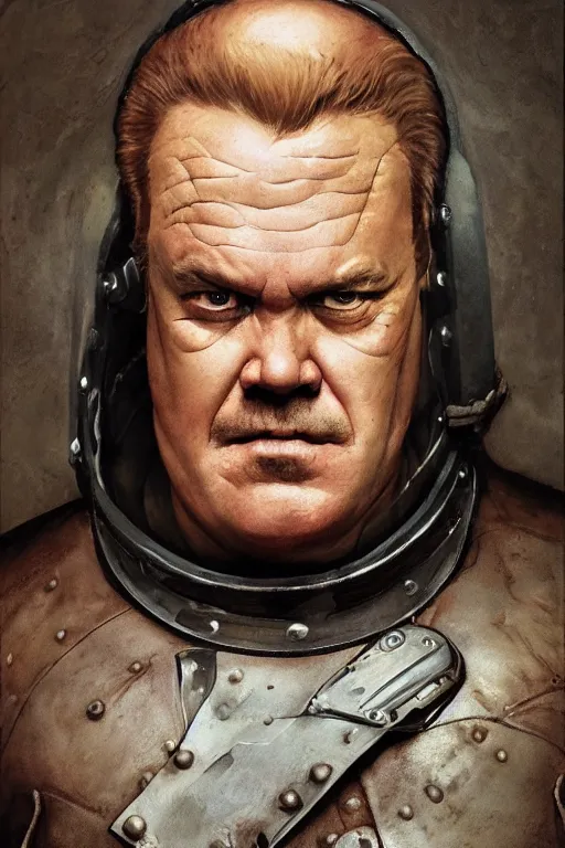 Image similar to upper body portrait of josh brolin as baron harkonnen, wearing old leather spacesuit, dystopian science fiction, dark, horror, illustration by norman rockwell, hans baluschek, artstation character art, john william waterhouse, concept art, greg rutkowski