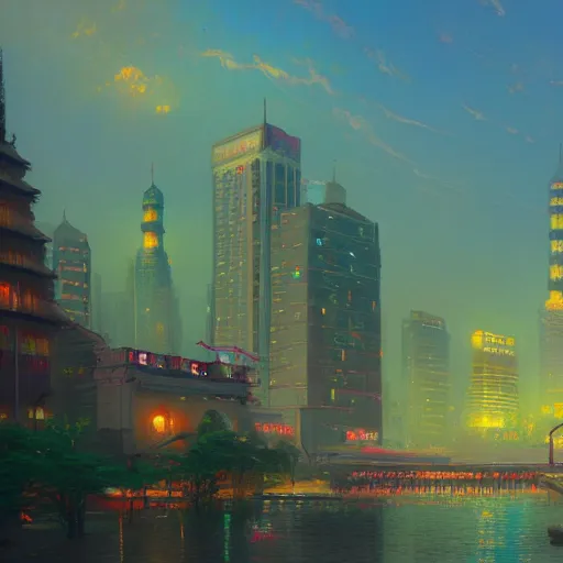 Prompt: hangzhou,by thomas kinkade and james gilleard, 4k resolution, trending on artstation and deviantart