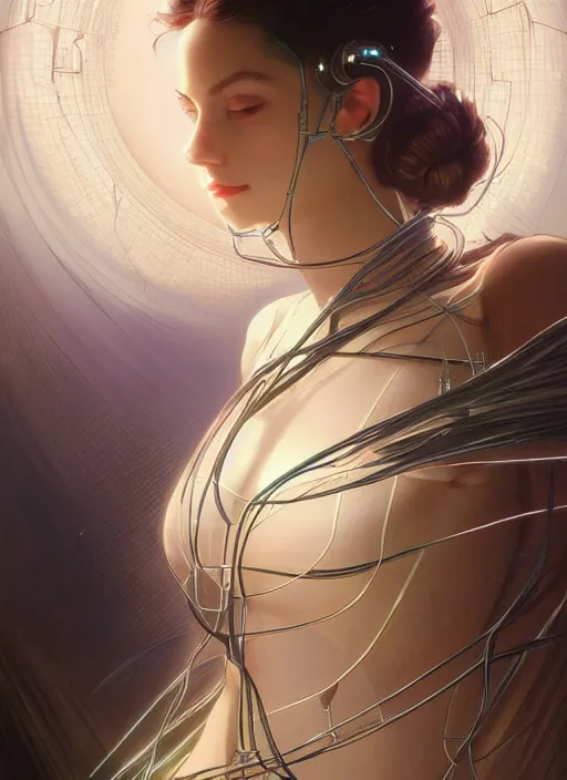 Prompt: beautiful young woman, cybernetic, wires, technology, vaporwave aesthetic, synthwave, intricate, elegant, highly detailed, digital painting, artstation, concept art, smooth, sharp focus, illustration, art by artgerm and greg rutkowski and alphonse mucha