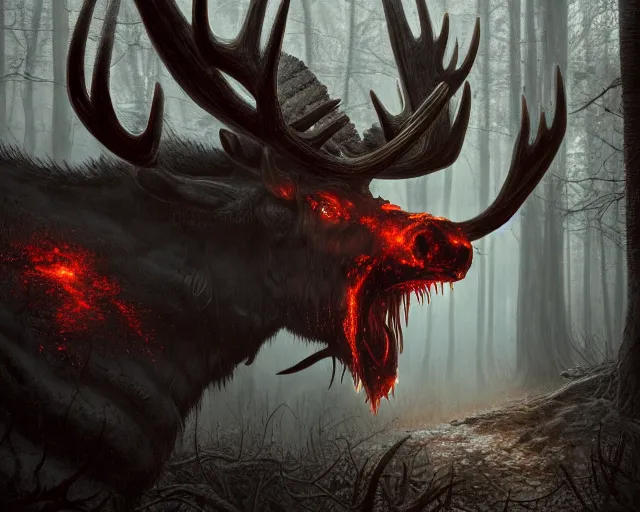 Image similar to 5 5 mm close up portrait photo of an armored demonic fire breathing moose with red eyes and antlers and looking at the camera, in a magical forest. dark atmosphere. art by greg rutkowski and luis royo. highly detailed 8 k. intricate. lifelike. soft light. nikon d 8 5 0.