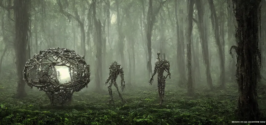 Image similar to a complex organic fractal 3 d metallic symbiotic ceramic humanoid megastructure creature in a swampy lush forest, foggy, cinematic shot, photo still from movie by denis villeneuve, wayne barlowe