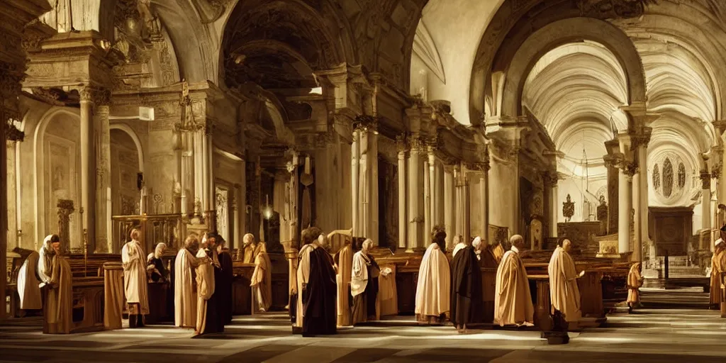 Image similar to beautiful oil matte painting, priests holding a church ceremony inside a baroque cathedral, wonderful masterpiece highly detailed, beautiful cinematic light deep focus, elegant, digital painting, smooth, sharp focus, golden ratio, dramatic illumination, ultra realistic, 8 k, art by giovanni bellini and caravaggio