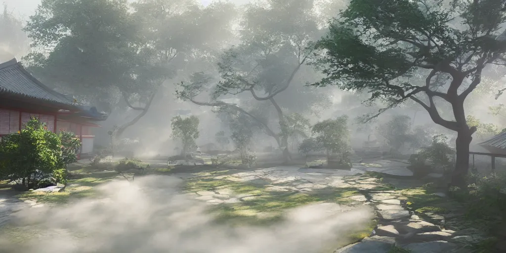 Image similar to i, a detailed Japanese yard in the morning mist with sunshine, 8k, high definition, trending on artstation