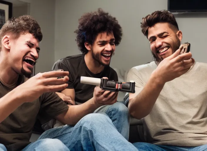 Image similar to Two buddies sitting in a room, smoking a huge blunt and playing playstation 5, they both laugh maniacally and smoking. wideshot. 4k.