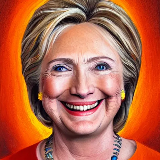 Prompt: portrait of president hillary clinton as a smiling laughing bright orange lizard person with bumpy skin, airbrush painting, hyper detailed, 8 k, photorealism.