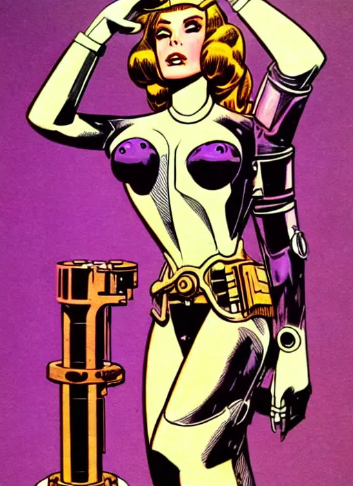 Prompt: image of beautyful female android steampunk by jack kirby,