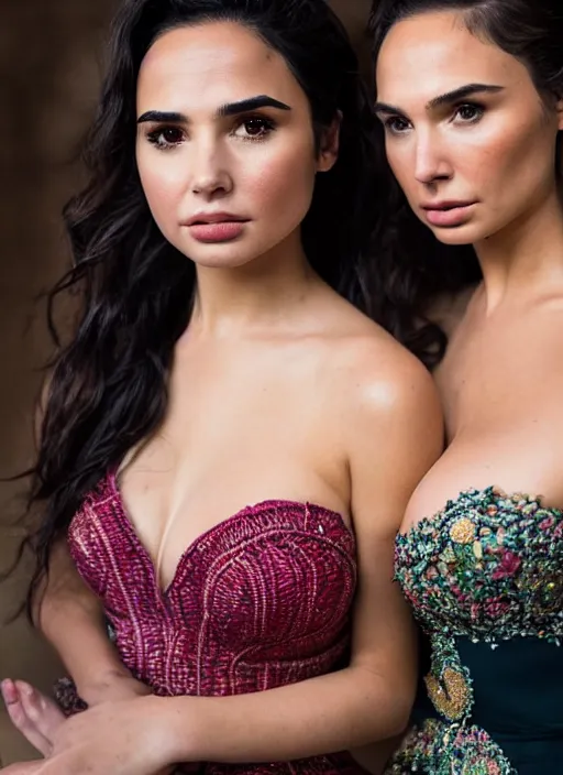 Image similar to portrait of demi rose and gal gadot wearing kebaya in jakarta, by charlotte grimm, natural light, detailed face, beautiful features, symmetrical, canon eos c 3 0 0, ƒ 1. 8, 3 5 mm, 8 k, medium - format print, half body shot