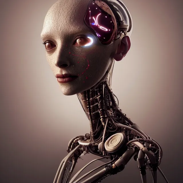 Prompt: biorobot with realistic human skin, diffuse lighting, 8K, UHD, fantasy, intricate, elegant, highly detailed, lifelike, futuresynth, artstation, realism, concept art, smooth, sharp focus, art by Alexander Jansson and Agnes Lawrence Pelton and Anna Dittmann