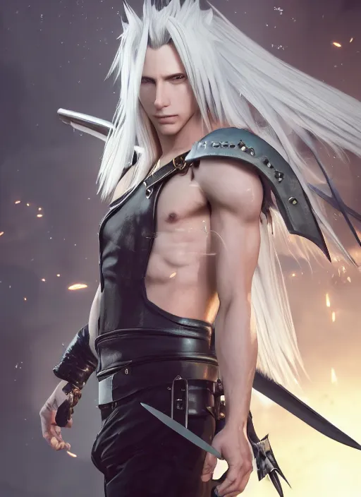 Image similar to a Photorealistic dramatic hyperrealistic render of a beautiful Final Fantasy 7 character Sephiroth by WLOP,Greg Rutkowski,Alphonse Mucha, Beautiful dynamic dramatic dark moody lighting,shadows,cinematic atmosphere,Artstation,concept design art,Octane render,8K