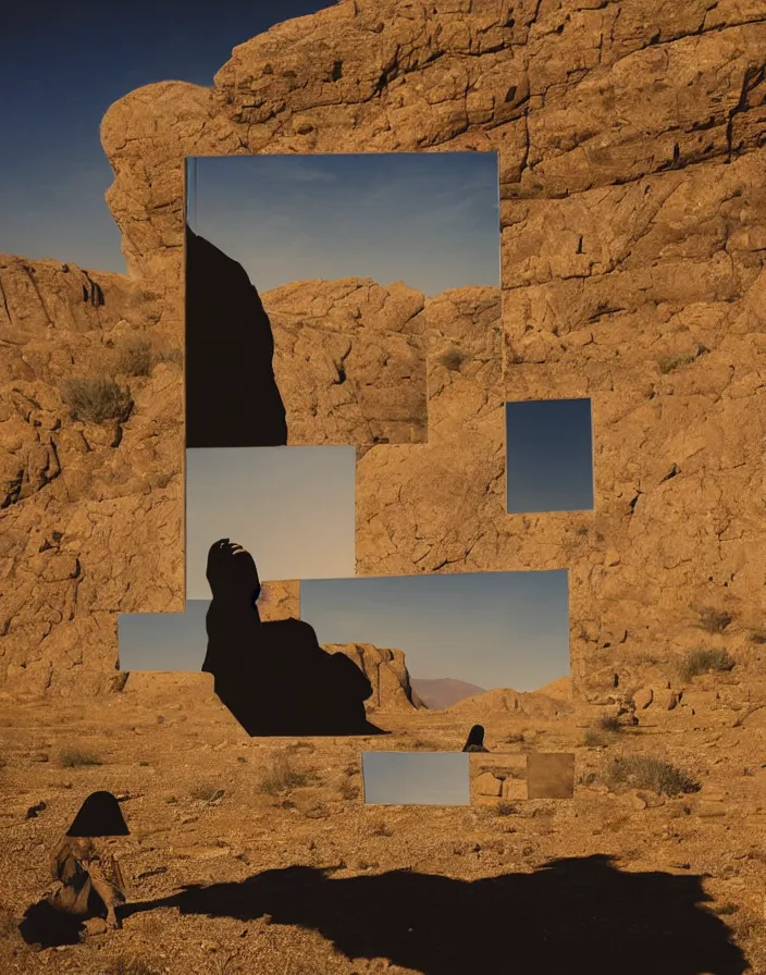 Image similar to levitating ghost silhouette with full - face golden mask in a dry rocky desert landscape, visible sky and sunny atmosphere, fata morgana and giant square mirrors by alejandro jodorowsky, anamorphic lens, kodakchrome, practical effects, masterpiece, 8 k