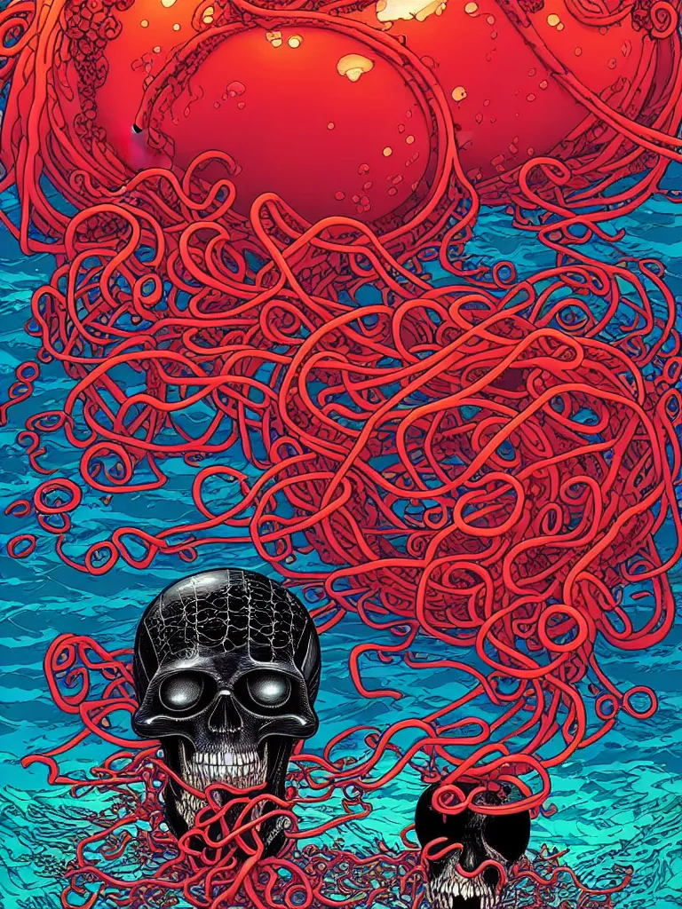 Image similar to a glowing red skull in the sea enveloped by jellyfish tendrils and black seaweed by josan gonzalez and dan mumford and albrecht anker and miho hirano and ross tran, highly detailed, high contrast, pop art