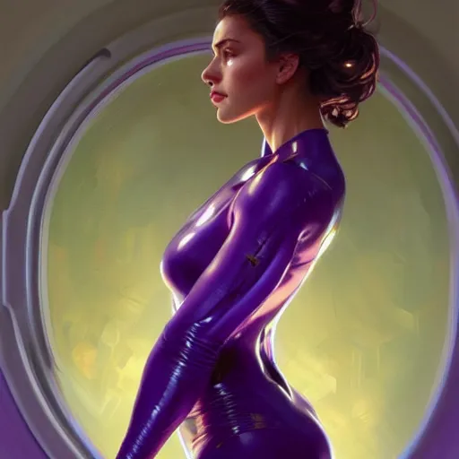 Image similar to Portrait of very very very very very very beautiful Latina woman, spacesuit, purple eyes, intricate, elegant, highly detailed, digital painting, artstation, concept art, smooth, sharp focus, illustration, art by artgerm and greg rutkowski and alphonse mucha