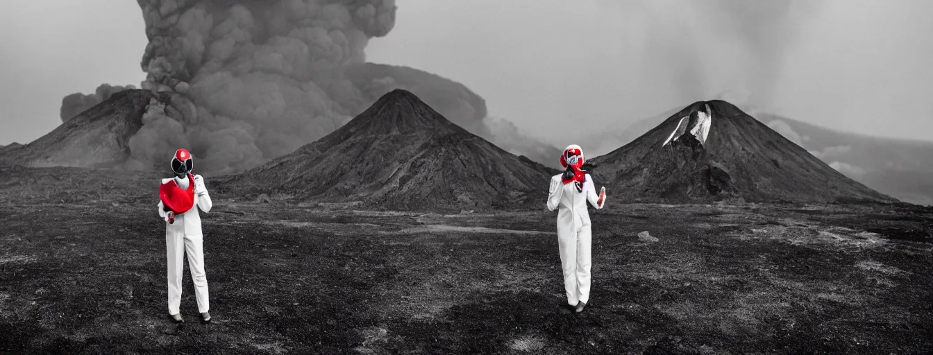 Image similar to woman with white suit with a dragon, she wear red eyed gasmask, in volcano, standing close to volcano, fire raining, professional photography, black and white, cinematic, eerie