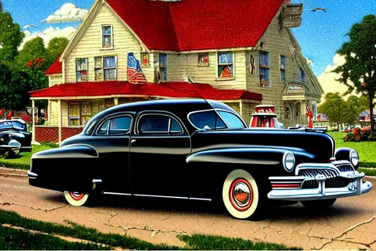 Prompt: in the style of norman rockwell, thomas kinkade, 1 9 4 8 desoto car, black, driving through a 1 9 5 0 s town, elaborate, high saturation