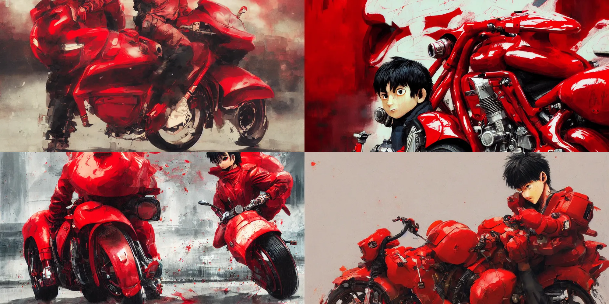 Prompt: illustration of kaneda from akira on his red motorcyle by ruan jia, incredible colors, lighting, hd, oil paint