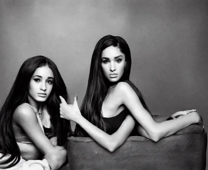 Image similar to award winning photo of Ariana Grande, Megan Fox sitting on a chesterfield lounge, symmetrical face, wide shot by Sally Mann & Arnold Newman,