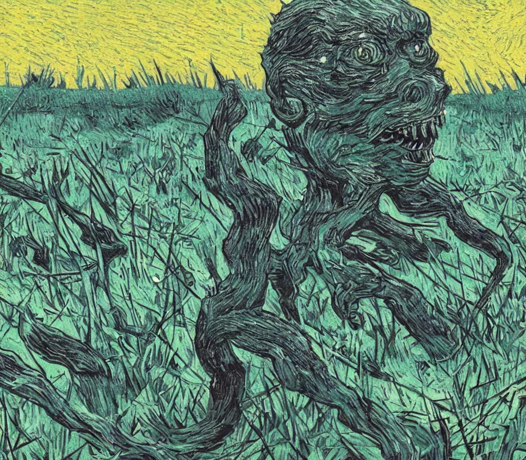 Image similar to a terrifying stawbery monster with sharp teeth in a glowing swamp in the style of van gogh, heavenly, pastel, cute, dark, scary, eerie, trending on artstation, digital art.