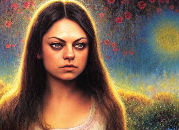 Image similar to big-eyed surprised Mila Kunis staring intensely into the camera, sundown golden hour firefly wisps, Lilia Alvarado, Sophie Anderson, Mark Arian, Bob Byerley, Charlie Bowater, Mark Brooks, Steve Henderson, Justin Gerard, Arthur Hughes, Edward Robert Hughes, Mark Keathley, Victor Nizovtsev, Carlos Shwabe, Ross Tran, WLOP