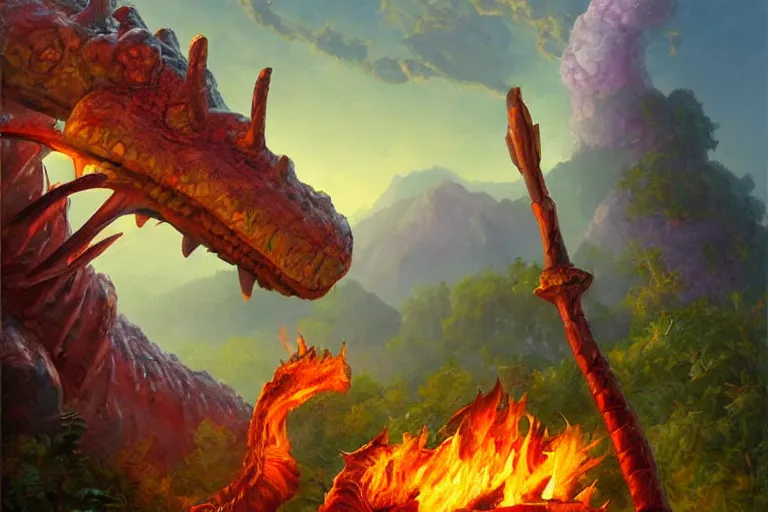 Image similar to barney the dinosaur holding a fire axe, an oil painting by ross tran and thomas kincade