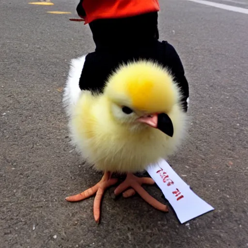 Image similar to cute baby chick dressed as an inmate