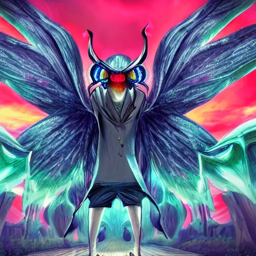 Image similar to 4K headshot of mothman with a mushroom hat and rouch clothes with giant wings , intricate face , flawless anime cel animation ,psychedelic , highly detailed upper body , professionally post-processed , beautiful, scary, symmetry accurate features, epic, octane rendered, anime masterpiece, accurate