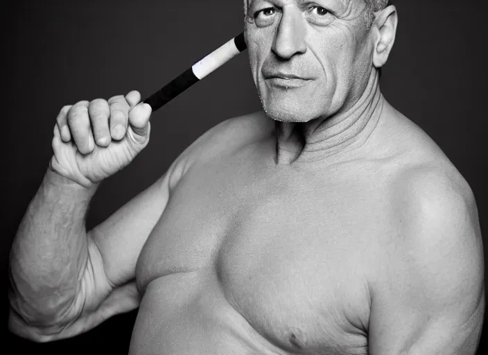 Image similar to studio portrait photo still of fred ward!!!!!!!! at age 5 3 years old 5 3 years of age!!!!!!! smoking a cigarette, 8 k, 8 5 mm f 1. 8, studio lighting, rim light, right side key light