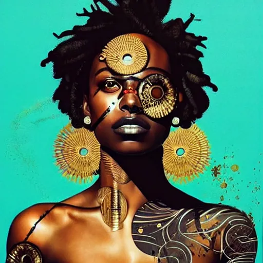 Image similar to portrait and side profile of a black woman :: side profile :: in ocean :: clockwork details :: gold :: blood and horror :: by vikings and Sandra Chevrier