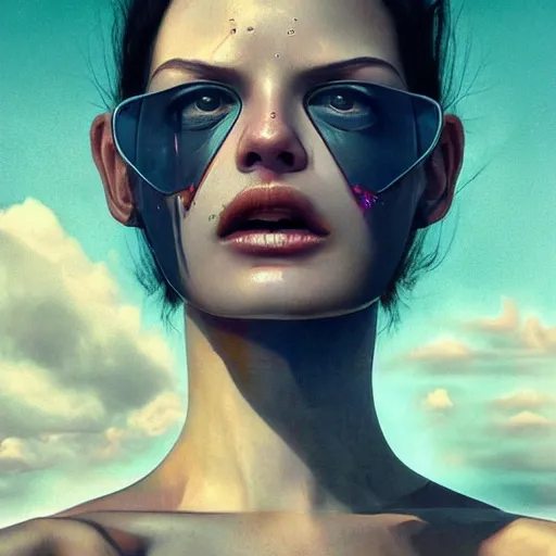 Prompt: 3 d, close - up, screaming fashion model face, sun, cinematic, clouds, vogue cover style, dystopian art, poster art, futuristic, fantasy artrealistic painting, intricate oil painting, high detail illustration, by beeple and james jean and wlop