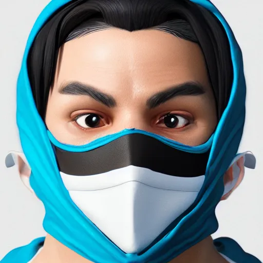 Image similar to a highly detailed, portrait of a man with black hair with a black medical mask, in a hood in the form of a blue shark with white teeth, artstation, DeviantArt, professional, octane render, digital art