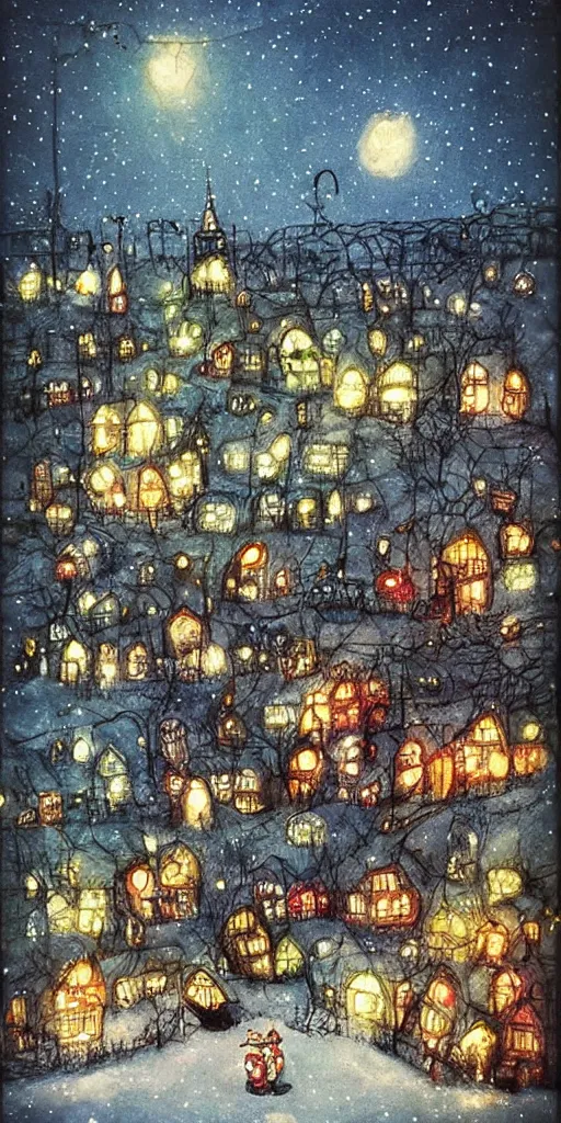 Image similar to a christmas night village scene by alexander jansson