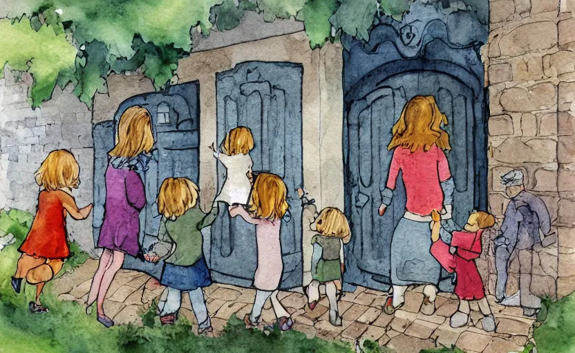 Image similar to storybook illustration of a wall with family pictures, watercolor