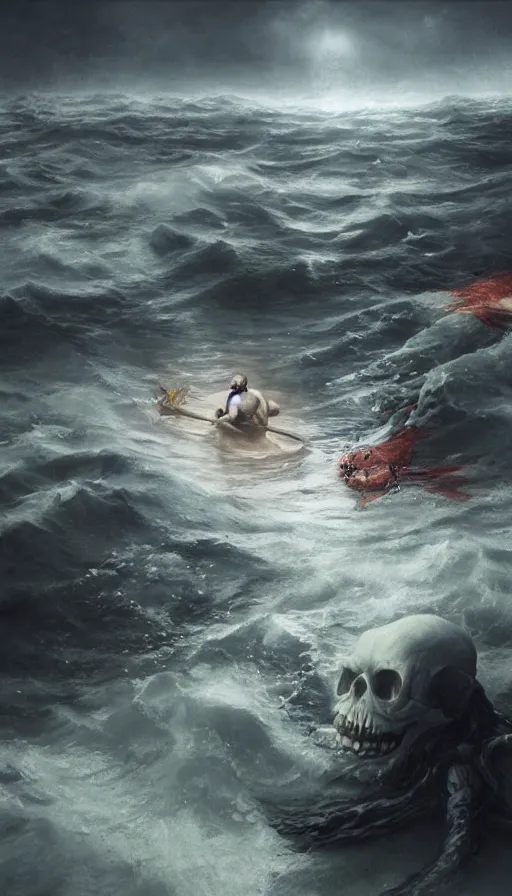 Image similar to man on boat crossing a body of water in hell with creatures in the water, sea of souls, by jeremy geddes