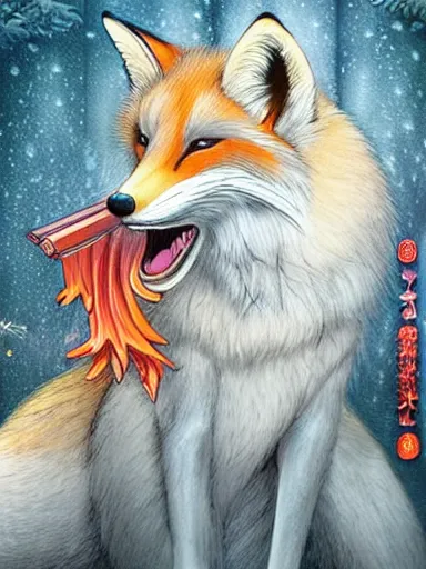 Image similar to photorealistic full - color fantasy illustration a beautiful japanese kitsune goddess who is partially transforming into an anthropomorphic fox, in an inari shinto shrine in kyoto. highly - detailed professional art.