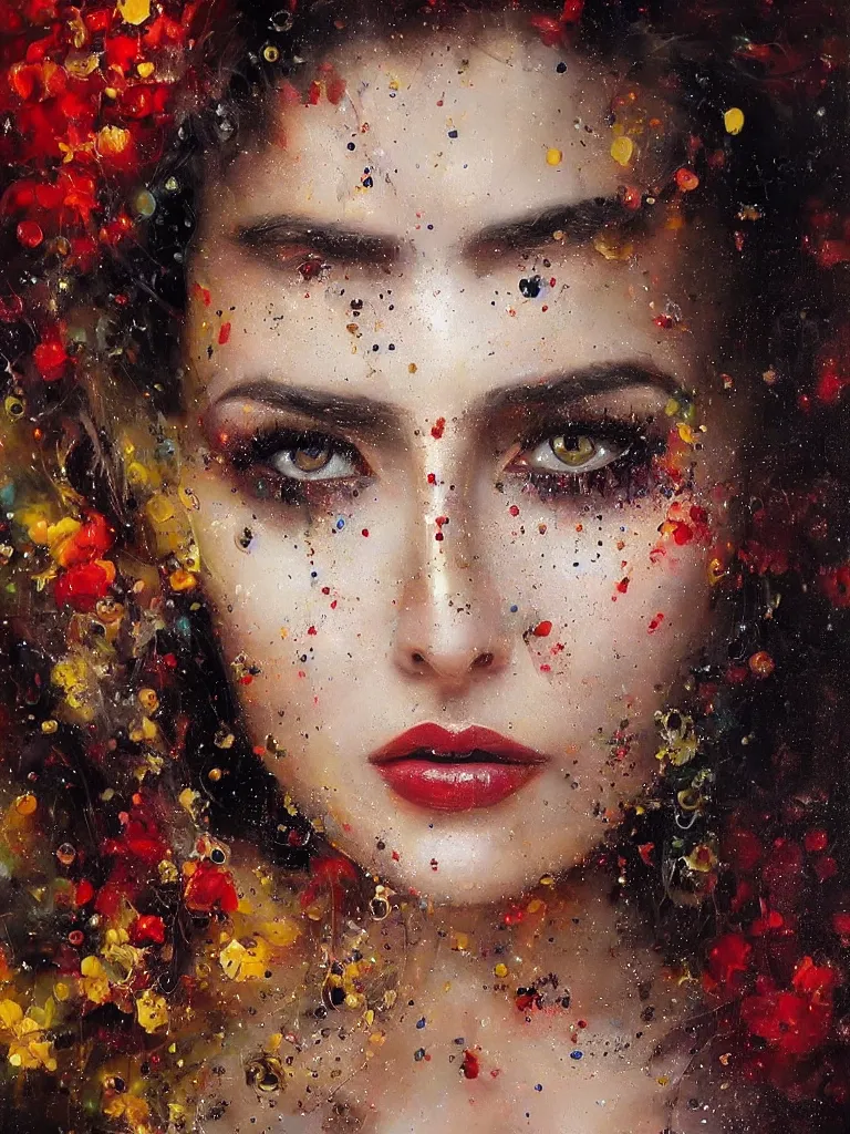 Image similar to “gorgeous elegant splatterpunk portrait of a stunning Armenian woman by Mark Arian, oil on canvas, masterpiece, realism, piercing gaze, autumn bokeh”