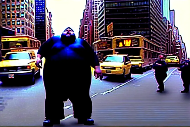 Image similar to [ 1 6 k ] a fat man stomping over new york city. terrorist attack