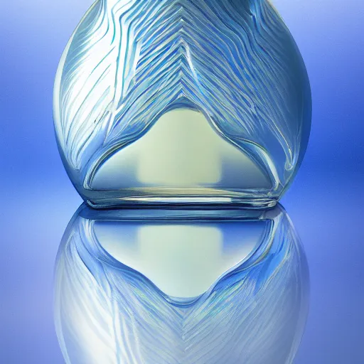 Prompt: perfume bottle in cool blue rippling flat water, serene, zen, minimalist, simple path traced, environment, up close shot shinji aramaki, karol bak, alphonse mucha