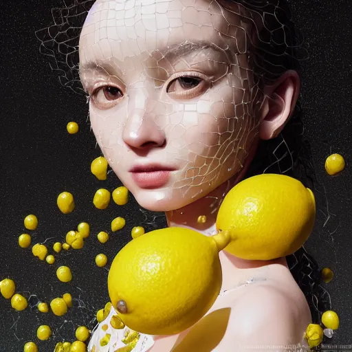 Image similar to the portrait of an absurdly beautiful, graceful, elegant, sophisticated, young teen girl made up of lemons looking up, an ultrafine hyperdetailed illustration by kim jung gi, irakli nadar, intricate linework, bright colors, octopath traveler, final fantasy, unreal engine 5 highly rendered, global illumination, radiant light, detailed and intricate environment