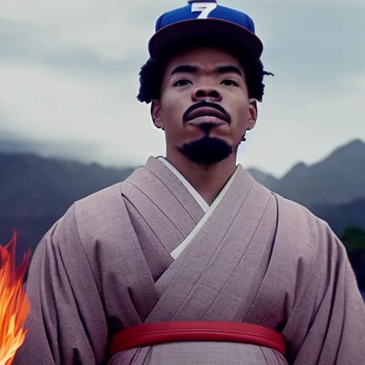 Image similar to cinematic film still of Chance The Rapper starring as a Samurai holding fire, Japanese CGI, VFX, 2022, 40mm lens, shallow depth of field, film photography