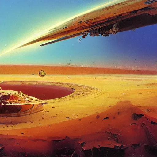 Prompt: painting of a spaceship approaching a dusty reddish brown crater, john berkey