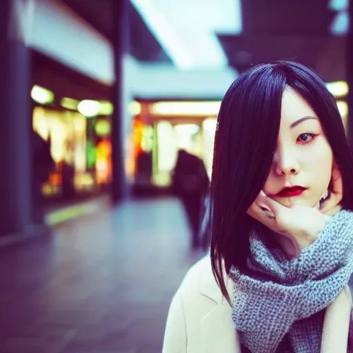 Image similar to a closeup portrait of woman walking in mall alone in style of 1990s, street photography seinen manga fashion edition, focus on face, eye contact, tilt shift style scene background, soft lighting, Kodak Portra 400, cinematic style, telephoto