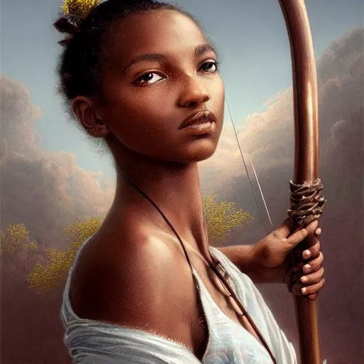 Prompt: art station concept of a beautiful girl with a bow and arrow, brown skin, sweaty skin, symmetrical face, casual white garment, white desert background, shiny colorful, hyperdetailed, artstation trending, world renowned artists, worth1000.com, historic artworks society, antique renewal, cgsociety, by greg rutkowski, by Gustave Doré, Deviantart