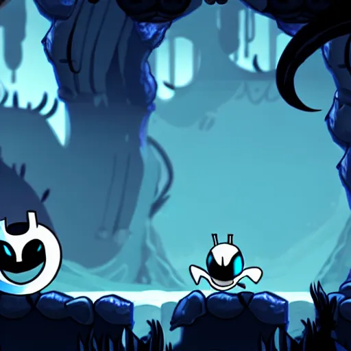 Prompt: hollow knight in a cave, game, art direction.