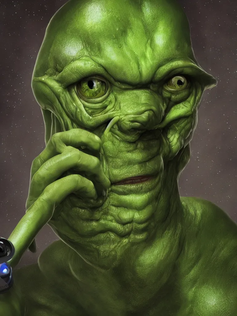 Image similar to selfie of a man, green skin, studio photoshot, 2 eyes, ( ( alien ) ), cinematic, cosmic background, high quality, cgsociety, artgerm, 4 k, uhd, 5 0 mm, trending on artstation