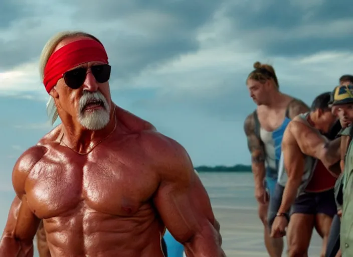 Image similar to hulk hogan, movie still, from the new thunder in paradise movie, 8 k, realistic