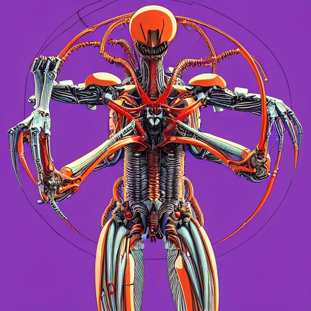 Image similar to full profile of evangelion xenomorph as circular vitruvian man by james jean and moebius, biomechanical, ultra wide angle, full body, no crop, golden ratio, ultra details, in the style of shusei nagaoka